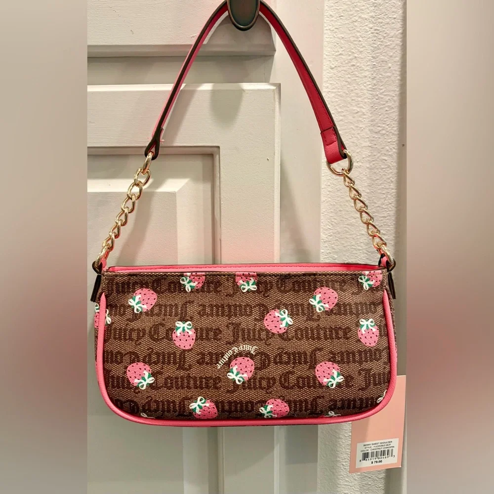 NWT JUICY COUTURE Pink Strawberry Print Shoulder Bag with 2 strawberry charm🍓 - Picture 6 of 13